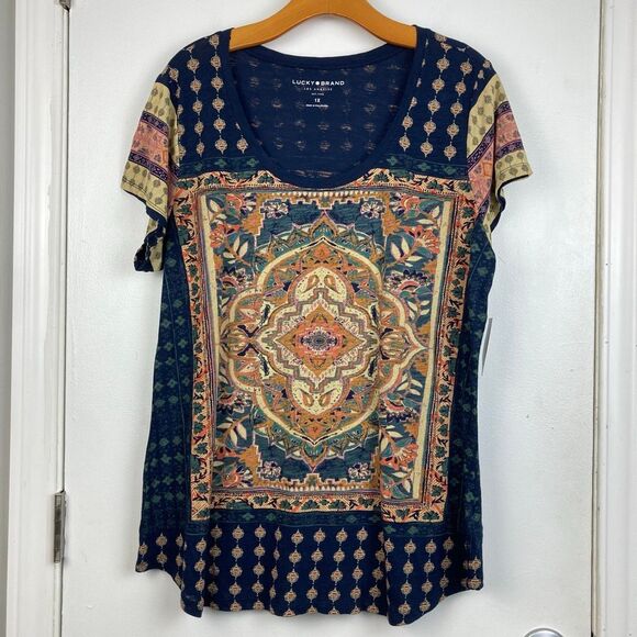 NWT Lucky Brand Women's Persian Carpet Boho Scoop Neck Short Sleeve Tee Shirt 1X - Picture 1 of 7